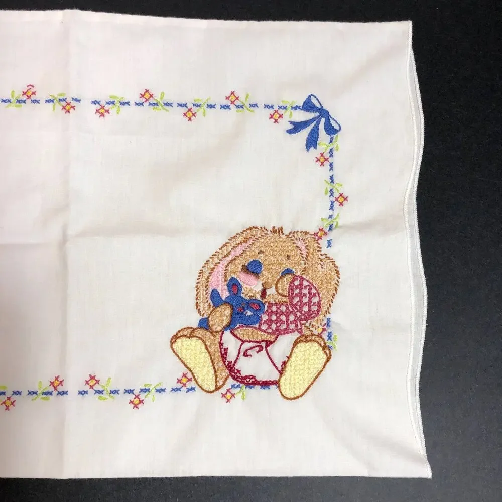 Vintage Embroidered Bunny Rabbit Baby Pillowcase, Handmade